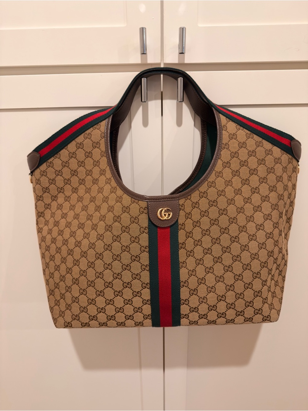 Designer Inspired Brown GG Giglio Canvas Tote with Green and Red Web